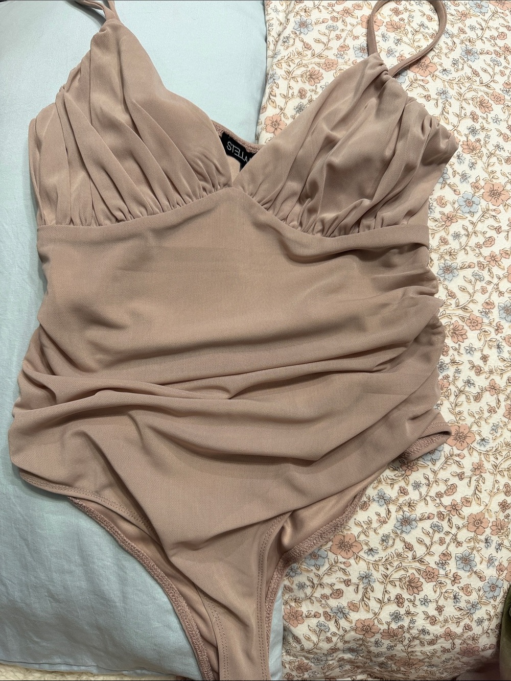 Stella Luce Blush Beige Ruched Tank Bodysuit